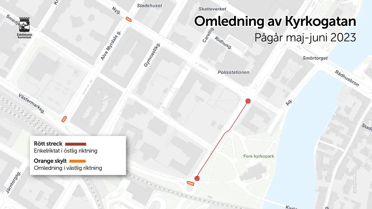 Kartbild som visar omledning av trafik centrum av Eskilstuna.